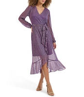 Kensie Metallic Faux Wrap Long Sleeve Crinkle Knit Sheer Overlay Surplice V-Neck Ruffle Hem Midi Dress