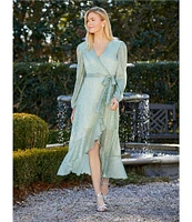 Kensie Metallic Faux Wrap Long Sleeve Crinkle Knit Sheer Overlay Surplice V-Neck Ruffle Hem Midi Dress