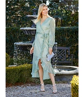 Kensie Metallic Faux Wrap Long Sleeve Crinkle Knit Sheer Overlay Surplice V-Neck Ruffle Hem Midi Dress