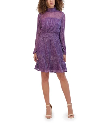 Kensie Mock Neck Illusion Sleeve Shimmer Knit Blouson Dress