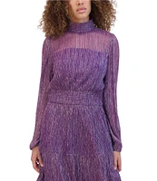 Kensie Mock Neck Illusion Sleeve Shimmer Knit Blouson Dress