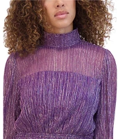 Kensie Mock Neck Illusion Sleeve Shimmer Knit Blouson Dress