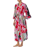 Kensie Multi Print 3/4 Sleeve Woven Maxi Kimono Long Robe