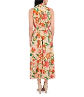 Kensie Notch Collar Sleeveless Tie Waist Floral Print Woven Midi Shirt Dress