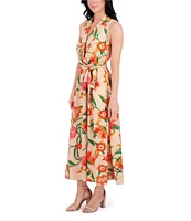 Kensie Notch Collar Sleeveless Tie Waist Floral Print Woven Midi Shirt Dress