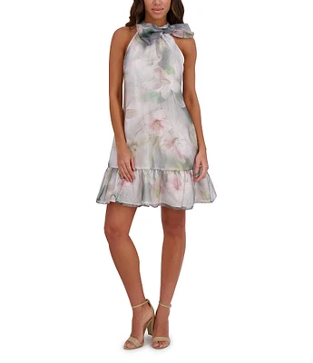 Kensie Organza Floral Print Crew Neck Sleeveless Shift Mini Dress