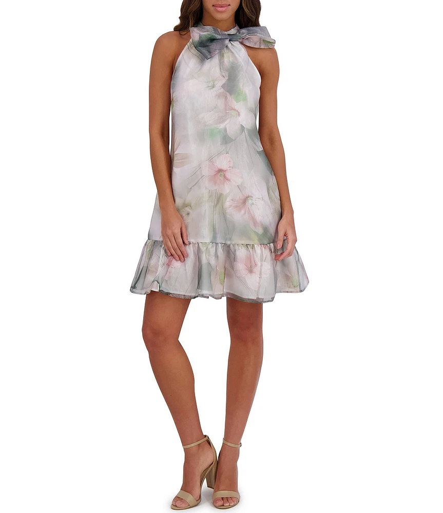 Kensie Organza Floral Print Halter Neck Sleeveless Bow Detail Shift Mini Dress