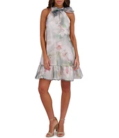 Kensie Organza Floral Print Halter Neck Sleeveless Bow Detail Shift Mini Dress