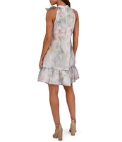 Kensie Organza Floral Print Halter Neck Sleeveless Bow Detail Shift Mini Dress