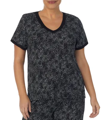 Kensie Plus Size Dotted Short Sleeve V-Neck Coordinating Jersey Knit Top