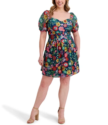 Kensie Plus Size Floral Embriodered Mesh Square Neck Short Puff Sleeve A-Line Dress