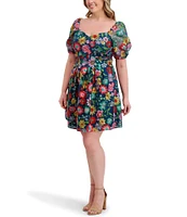 Kensie Plus Size Floral Embriodered Mesh Square Neck Short Puff Sleeve A-Line Dress