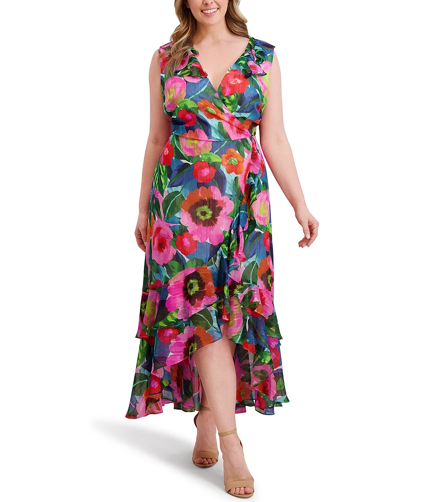 Kensie Plus Size Floral Printed High-Low Hem Chiffon Dress