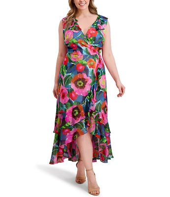 Kensie Plus Size Floral Printed High-Low Hem Chiffon Dress
