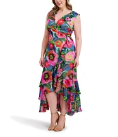 Kensie Plus Size Floral Printed High-Low Hem Chiffon Dress