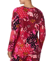 Kensie Plus Size Knit Patchwork Long Sleeve Crew Neck Coordinating Sleep Top