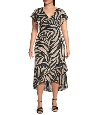 Kensie Plus Size Printed Ruffled V-Neck Short Sleeve Wrap Midi Dress