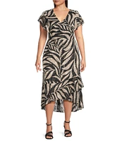 Kensie Plus Size Printed Ruffled V-Neck Short Sleeve Wrap Midi Dress