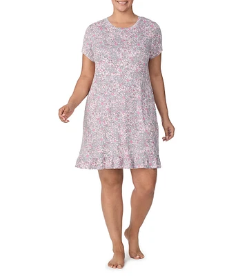 Kensie Plus Size Short Sleeve Round Neck Knit Ditsy Floral Ruffled Sleepshirt