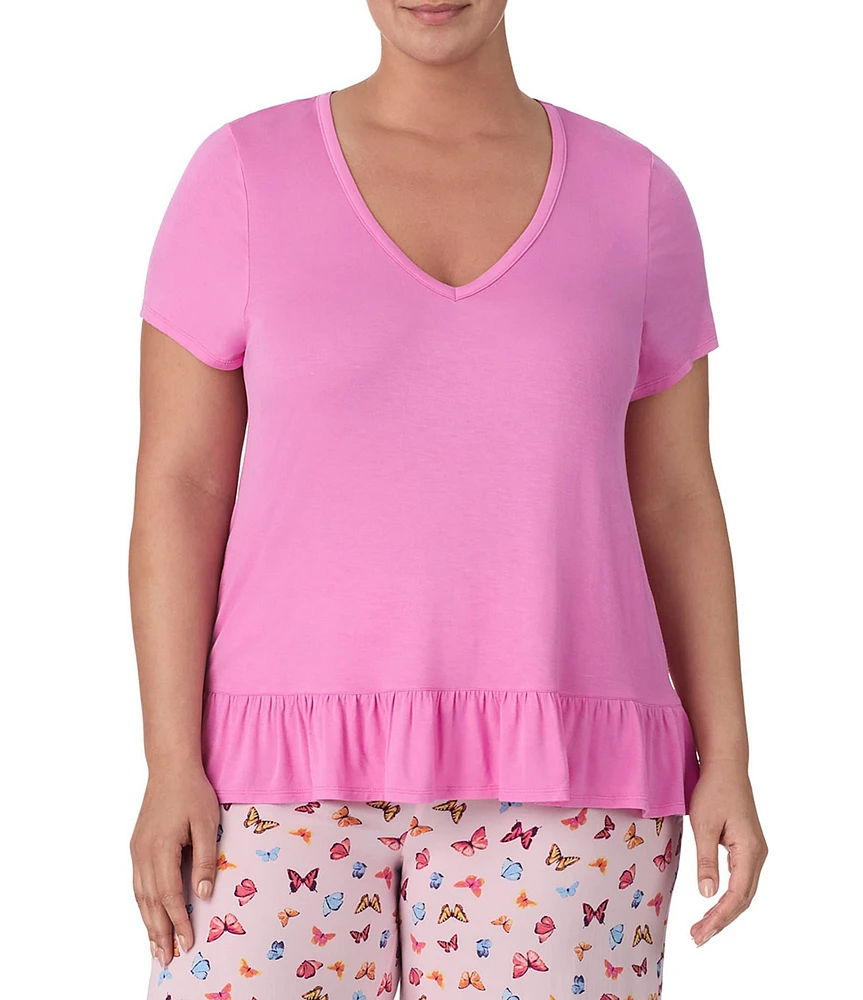 Kensie Plus Size Solid Short Sleeve V-Neck Sleep Top