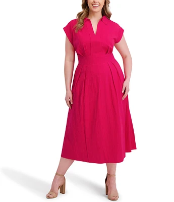 Kensie Plus Size Striped Woven Collared V-Neckline Short Sleeve A-Line Midi Dress