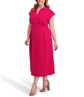 Kensie Plus Size Striped Woven Collared V-Neckline Short Sleeve A-Line Midi Dress