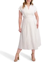Kensie Plus Size Striped Woven Collared V-Neckline Short Sleeve A-Line Midi Dress