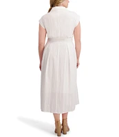 Kensie Plus Size Striped Woven Collared V-Neckline Short Sleeve A-Line Midi Dress