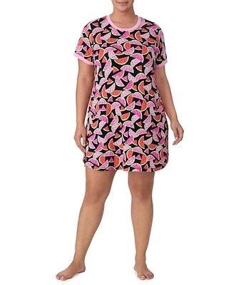 Kensie Plus Size Watermelon Print Short Sleeve Cozy Knit Nightgown