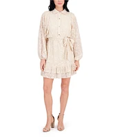 Kensie Point Collar Long Bishop Sleeves Ruffle Hem Embroidered Woven Shirt Dress