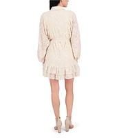 Kensie Point Collar Long Bishop Sleeves Ruffle Hem Embroidered Woven Shirt Dress