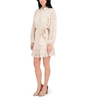 Kensie Point Collar Long Bishop Sleeves Ruffle Hem Embroidered Woven Shirt Dress