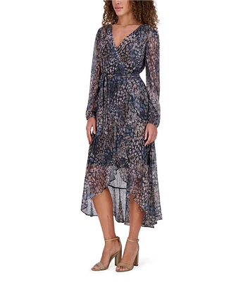 Kensie Printed Lurex Yoryu Chiffon Surplice V-Neck Long Sleeve Faux Wrap Waist Midi Dress