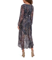 Kensie Printed Lurex Yoryu Chiffon Surplice V-Neck Long Sleeve Faux Wrap Waist Midi Dress