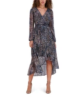 Kensie Printed Lurex Yoryu Chiffon Surplice V-Neck Long Sleeve Faux Wrap Waist Midi Dress