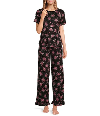 Kensie Printed Short Sleeve Round Neck Knit Pant Pajama Set