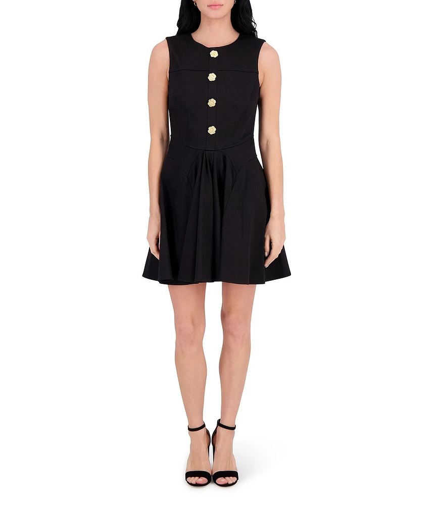 Kensie Round Neck Sleeveless Floral Hardware Stretch Denim A-Line Mini Dress
