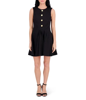 Kensie Round Neck Sleeveless Floral Hardware Stretch Denim A-Line Mini Dress