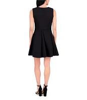 Kensie Round Neck Sleeveless Floral Hardware Stretch Denim A-Line Mini Dress