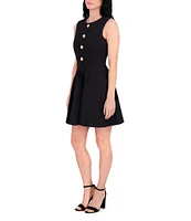 Kensie Round Neck Sleeveless Floral Hardware Stretch Denim A-Line Mini Dress