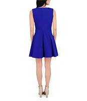 Kensie Round Neck Sleeveless Floral Hardware Stretch Denim A-Line Mini Dress