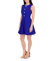 Kensie Round Neck Sleeveless Floral Hardware Stretch Denim A-Line Mini Dress