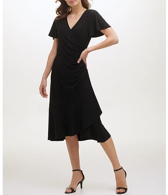 Kensie Ruched Waist Faux Wrap Surplice V-Neck Short Flutter Sleeve Midi Dress