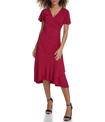 Kensie Ruched Waist Faux Wrap Surplice V-Neck Short Flutter Sleeve Midi Dress