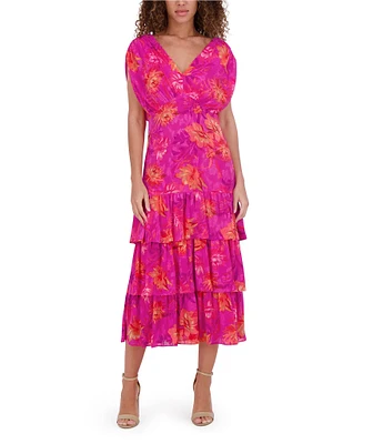 Kensie Ruffle Floral Print Burnout Chiffon V-Neck Short Sleeves Dropped Shoulder A-Line Dress