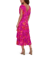 Kensie Ruffle Floral Print Burnout Chiffon V-Neck Short Sleeves Dropped Shoulder A-Line Dress