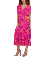 Kensie Ruffle Floral Print Burnout Chiffon V-Neck Short Sleeves Dropped Shoulder A-Line Dress