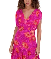 Kensie Ruffle Floral Print Burnout Chiffon V-Neck Short Sleeves Dropped Shoulder A-Line Dress