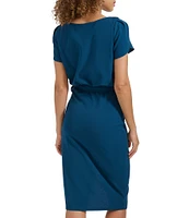 Kensie Scuba Crepe Boat Neck Short Sleeve Tie Waist Wrap Blouson Midi Dress