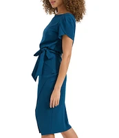 Kensie Scuba Crepe Boat Neck Short Sleeve Tie Waist Wrap Blouson Midi Dress